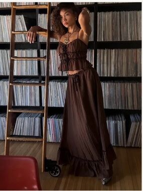 12th Tribe Chocolate Brown Ruffle Bohemian Maxi Skirt